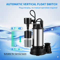 Bostome 1.5 HP submersible sump pump with cast iron housing and vertical float switch.