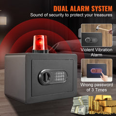 Compact steel home safe with dual lock, removable shelf, and wall-mount options.