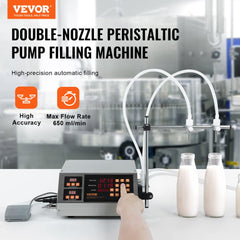 Bostome Automatic Liquid Filling Machine with double nozzle, adjustable stand, and digital control.