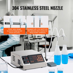 Digital liquid filling machine with double 304 stainless steel nozzles for 10-4000ml volumes.