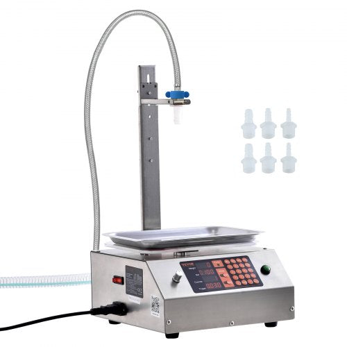 Stainless steel automatic liquid filling machine with weighing scale, single nozzle, and 6 nozzle tips.