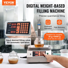 Digital weighing-based liquid filling machine with single nozzle, 30-15000g capacity, and precise controls.