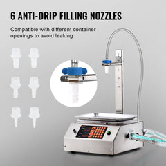 Stainless steel automatic liquid filling machine with digital scale, single nozzle, and six anti-drip filling nozzles.