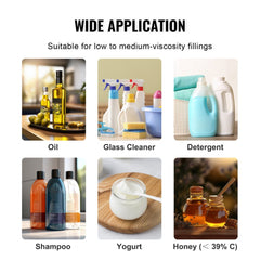 Infographic of Bostome liquid filling machine for wide application on low to medium viscosity liquids like oil, shampoo, and honey.