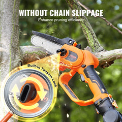 Cordless pole saw and mini chainsaw with an 8ft reach and adjustable head for precise cutting.