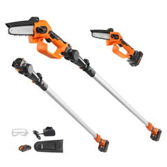 Cordless pole saw and mini chainsaw with an 8ft reach and adjustable cutting head.