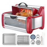 Red stainless steel electric rotisserie grill with roasting chicken and accessories.