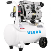 White 6.6-gallon portable oil-free air compressor with wheels, handle, and gauges.