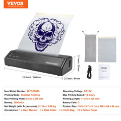 Portable black wireless Bluetooth tattoo stencil printer with skull sample print, battery, and 10 transfer papers.