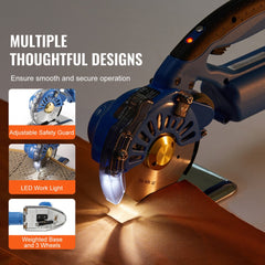 Cordless electric rotary fabric cutter with adjustable speeds and safety features for precise cutting.