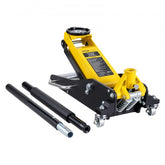 Yellow 2-ton low profile floor jack with dual piston, black handle, and swivel casters.