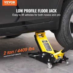 Yellow Bostome low profile floor jack lifting a black car with dual piston design.