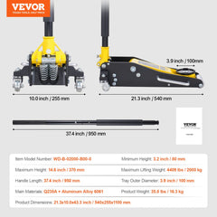 A yellow 2-ton low profile floor jack with dual piston pump, 3.2-inch minimum height, and 14.6-inch maximum lift.