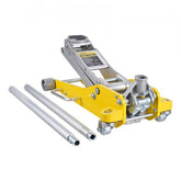 Yellow 3-ton low profile floor jack with dual piston, silver handle, and wheels.