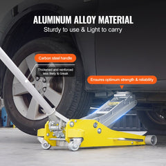Yellow 3-ton low profile floor jack with aluminum alloy body and carbon steel handle, lifting a car wheel.