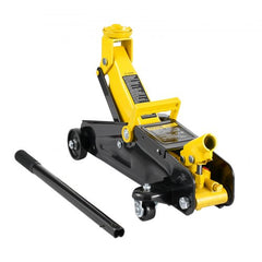 Heavy duty low profile floor jack with single piston and swivel casters for easy vehicle lifting.