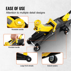 Bostome 2 ton low profile floor jack with single piston hydraulic pump and swivel casters.