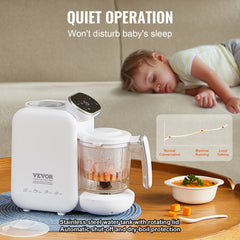 White Bostome 430W baby food maker with clear 750ml Tritan bowl on wooden table next to soup bowl