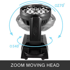 Bostome 360W LED Zoom Moving Head Stage Light with RGBW 4-in-1 LEDs and adjustable zoom.