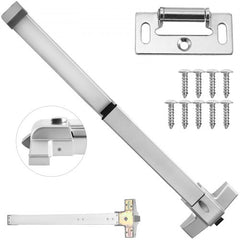 Silver iron door push bar panic exit device with baking varnish finish, strike plate, and mounting screws.
