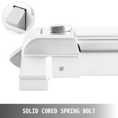 White iron door push bar panic exit device with baking varnish finish and solid cored spring bolt.