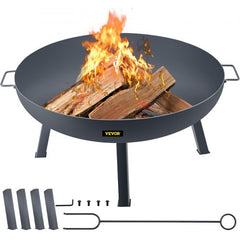 34-inch carbon steel fire pit bowl with portable handles and sturdy legs for outdoor use.