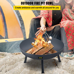 34-inch carbon steel fire pit bowl with black finish and portable carrying handles.