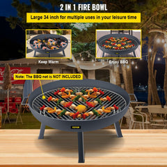 34-inch carbon steel fire pit bowl with sturdy legs and portable handles for outdoor use.