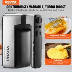 Cordless electric hand mixer with a turbo boost, storage bag, and variable speed control.