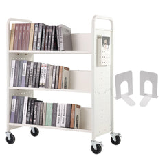White rolling book cart with W-shaped shelves, books, and swivel wheels.