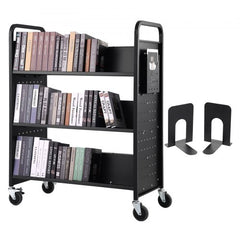 Black rolling book cart with W-shaped shelves, push handle, and lockable casters.