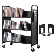 Black rolling book cart with W-shaped shelves, books, bookends, and wheels.