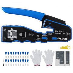 Bostome RJ45 crimp tool kit with blue-handled crimper, connectors, covers, stripper, tester, and gloves.