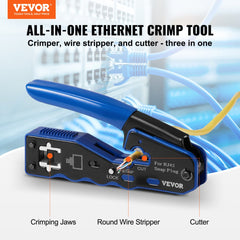 Bostome RJ45 crimp tool kit with blue-handled crimper, stripper, cutter, and Ethernet cable components.