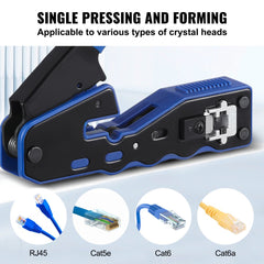 Blue and black RJ45 crimp tool with ergonomic handles and multiple Ethernet cable types shown below.