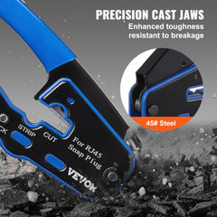 Black RJ45 crimp tool with blue handles, featuring precision cast jaws for stripping and cutting Ethernet cables.