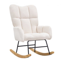Ivory white teddy fabric glider rocking chair with ergonomic design and sturdy frame.