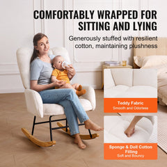 Ivory white teddy fabric glider rocking chair with ergonomic design and sturdy frame.