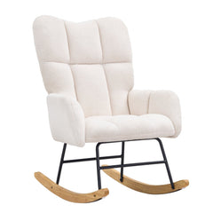 Ivory white teddy fabric glider rocking chair with ergonomic design and sturdy frame.