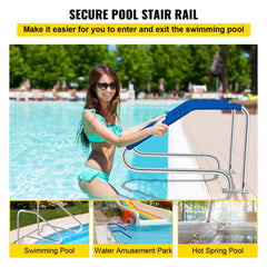 Stainless steel pool handrail with a 4-bend curve design and detachable nylon grip cover.