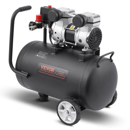 A black 8-gallon oil-free portable air compressor with wheels, handle, and gauges.