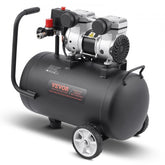 A black 8-gallon oil-free portable air compressor with wheels, handle, and gauges.