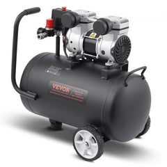 A black 8-gallon oil-free portable air compressor with wheels, handle, and gauges.