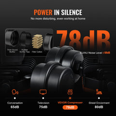 Portable 1-gallon oil-free air compressor with 78 dB noise level and muffler components.