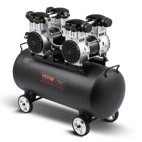 Black 20-gallon oil-free air compressor with four cylinders on wheels.