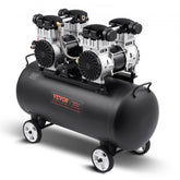 Black 20-gallon oil-free air compressor with four cylinders on wheels.