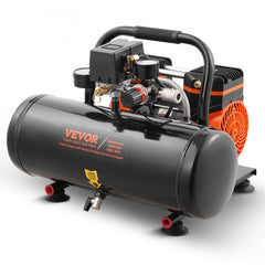 A black and orange Bostome 2-gallon oil-free portable air compressor with gauges and handles.