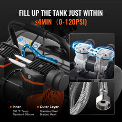 Portable orange 2-gallon oil-free air compressor with 120 PSI gauge and hoses.