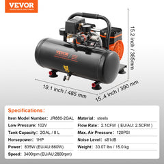 Orange 2-gallon oil-free portable air compressor with 1 HP motor and 120 PSI max pressure.