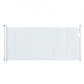 White mesh retractable baby gate, 76.8 inches wide, designed for stairs and doorways.